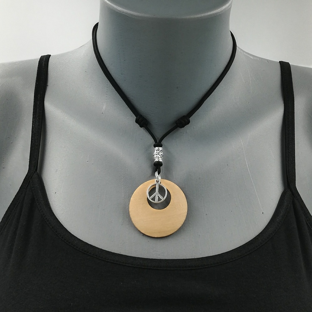 Handmade, Wooden and Silver Peace Sign Necklace - Picture 2 of 8
